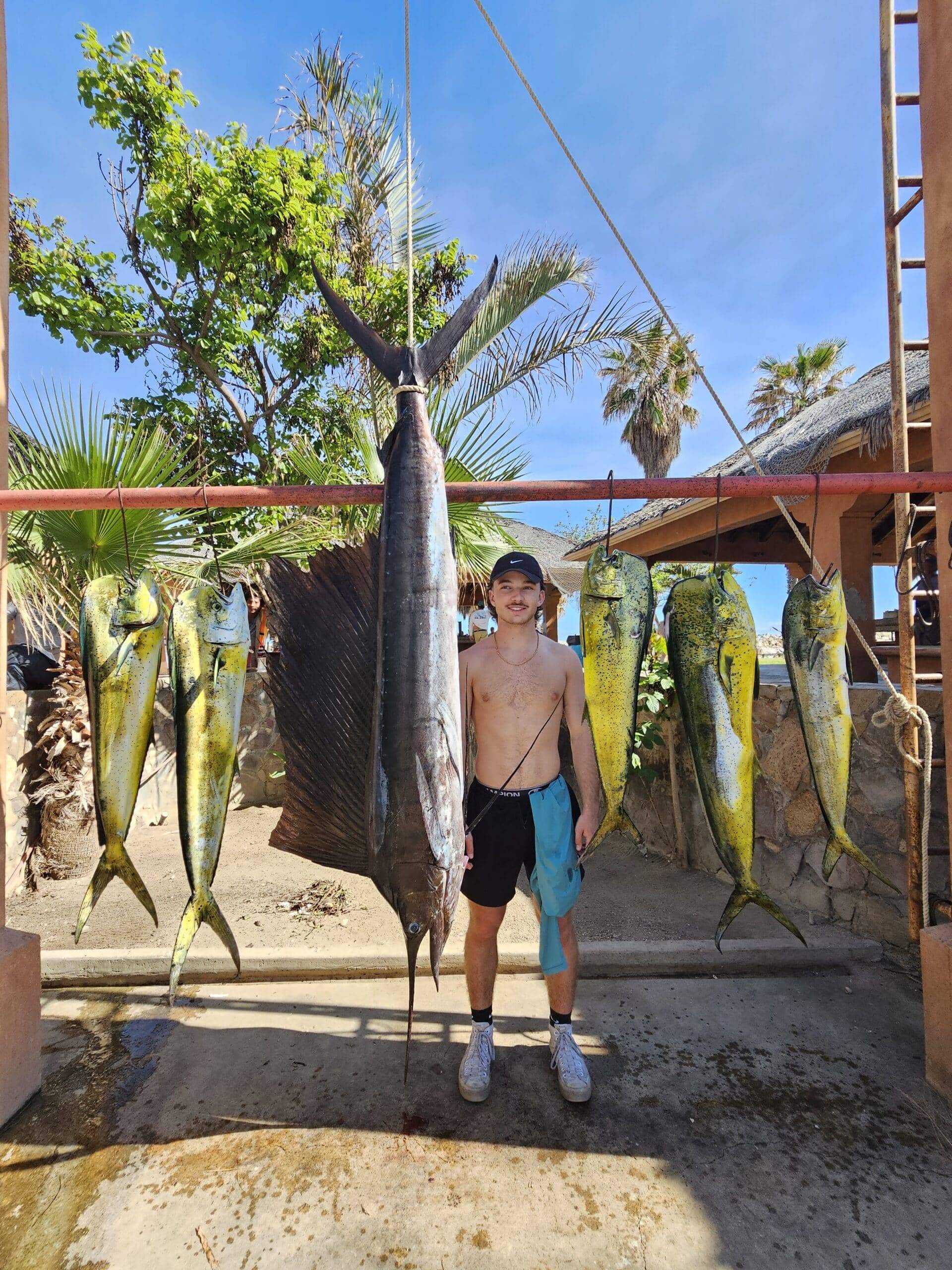 Crew handling sailfish for a healthy release beside the boat
