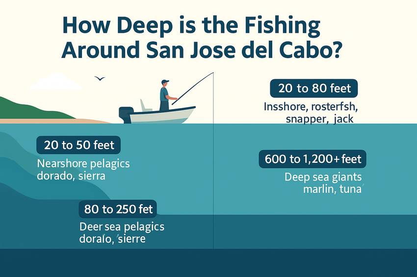Fishing depth zones in San Jose del Cabo from 20 to 1,200+ feet showing inshore, nearshore, and offshore species like roosterfish, dorado, and marlin.