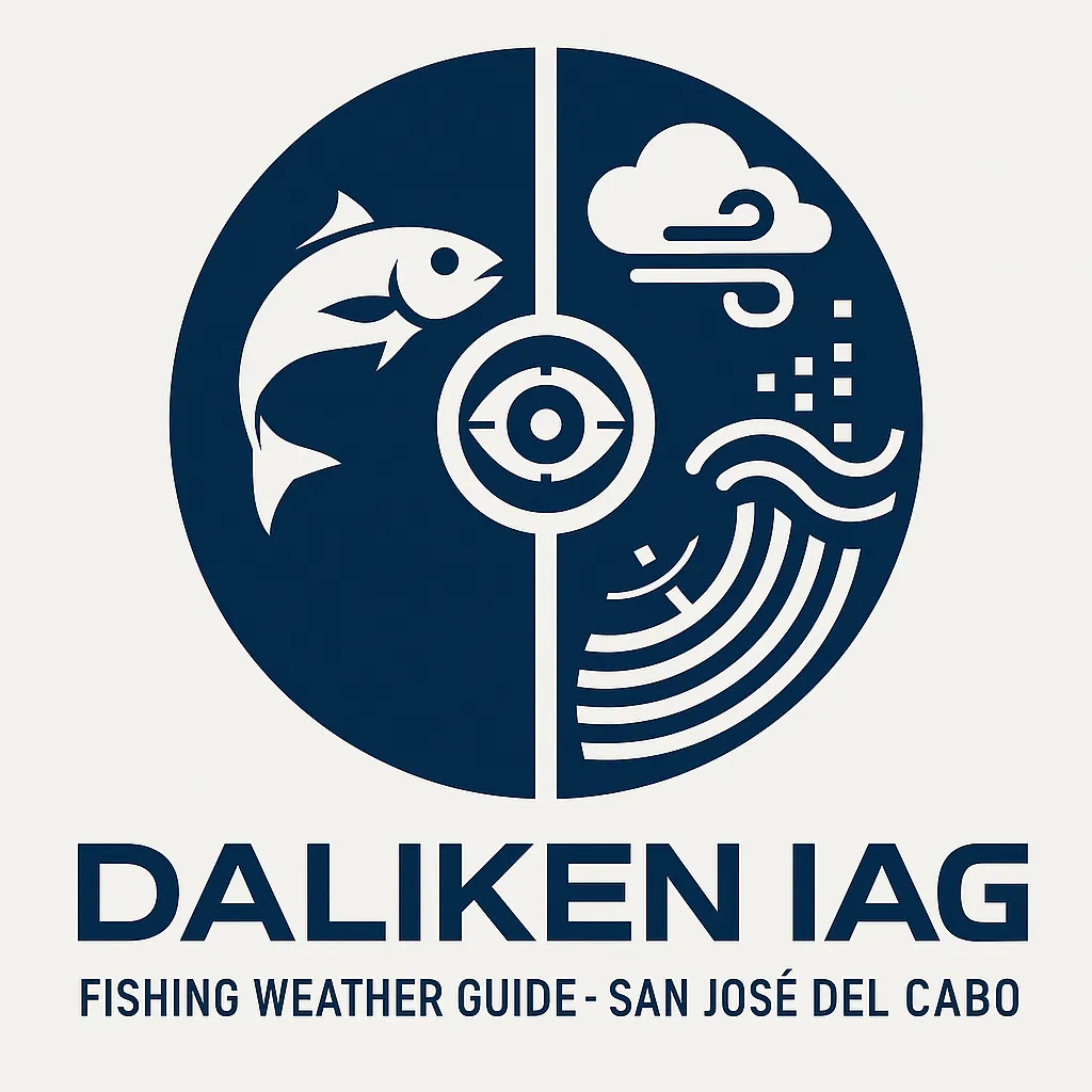 Daliken IAG logo – Fishing Weather Guide San José del Cabo with fish, wind, and radar icons in a circular design