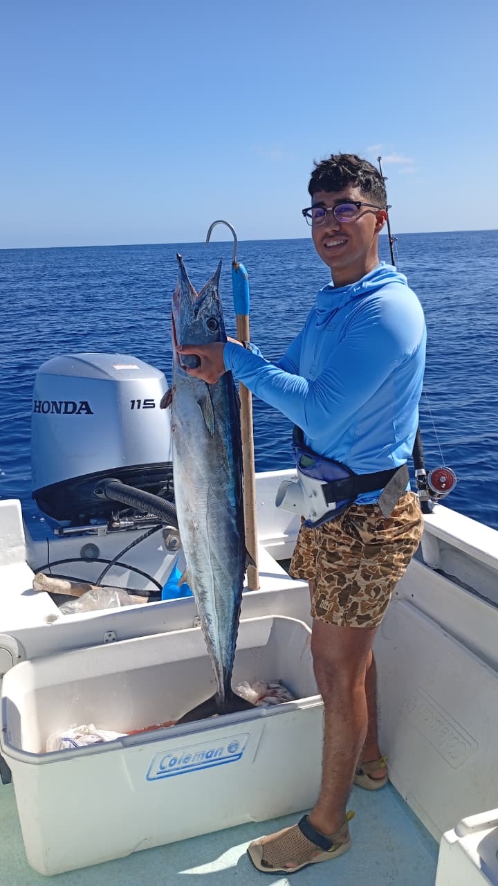 Close-up of wahoo on deck showing stripes and teeth